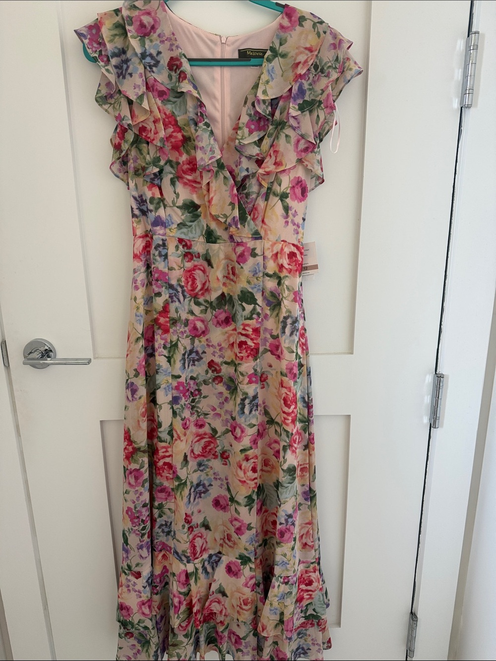 Melonie Pink Floral Ruffle V-Neck Maxi Dress